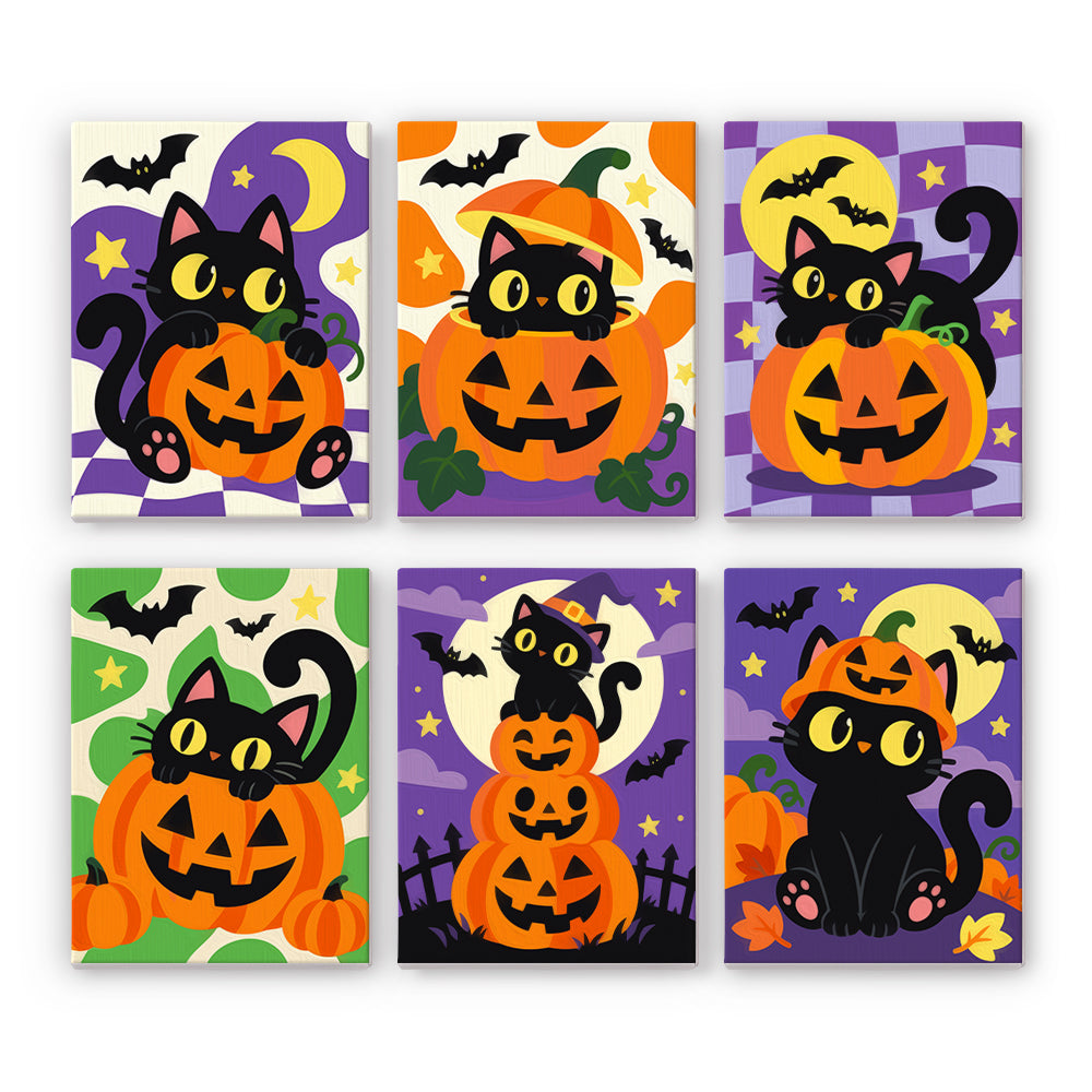 Coffret 6 peintures par numéro Gros Chats Citrouilles, gros chats noirs aux yeux jaunes et citrouilles rieuses, Maison Artsen