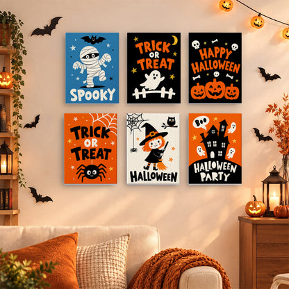 Coffret 6 mini-toiles Halloween en Mots accrochées dans un salon décoré pour Halloween, Maison Artsen