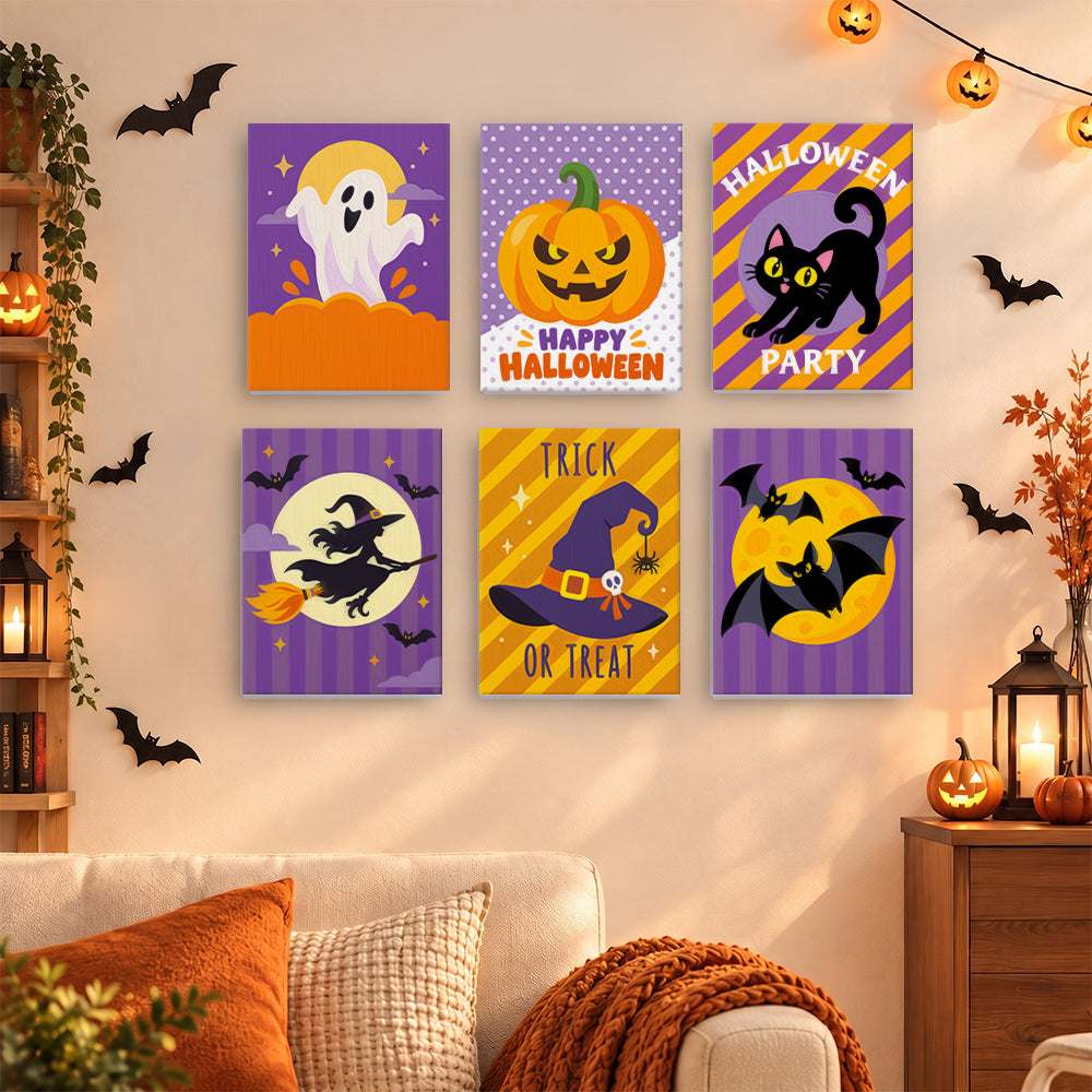 Coffret 6 mini-toiles Halloween Party accrochées dans un salon décoré pour Halloween, Maison Artsen