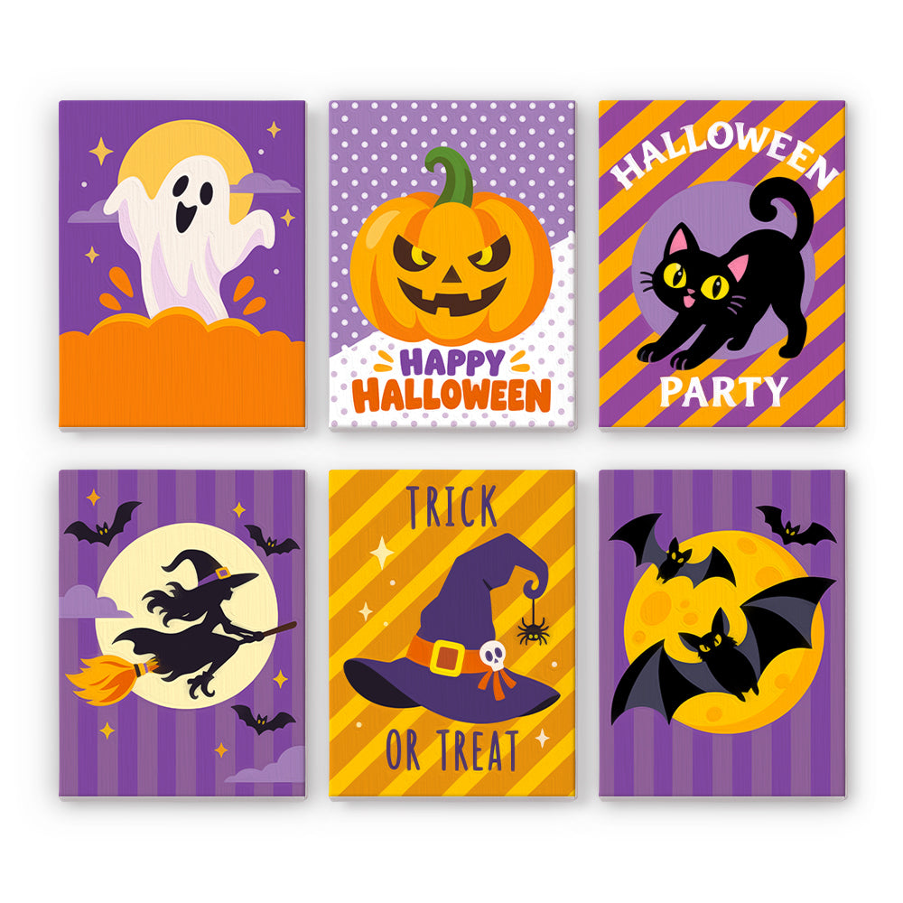 Coffret 6 peintures par numéro Halloween Party, fantôme, citrouille, chat qui s'étire et sorcière en balai, Maison Artsen