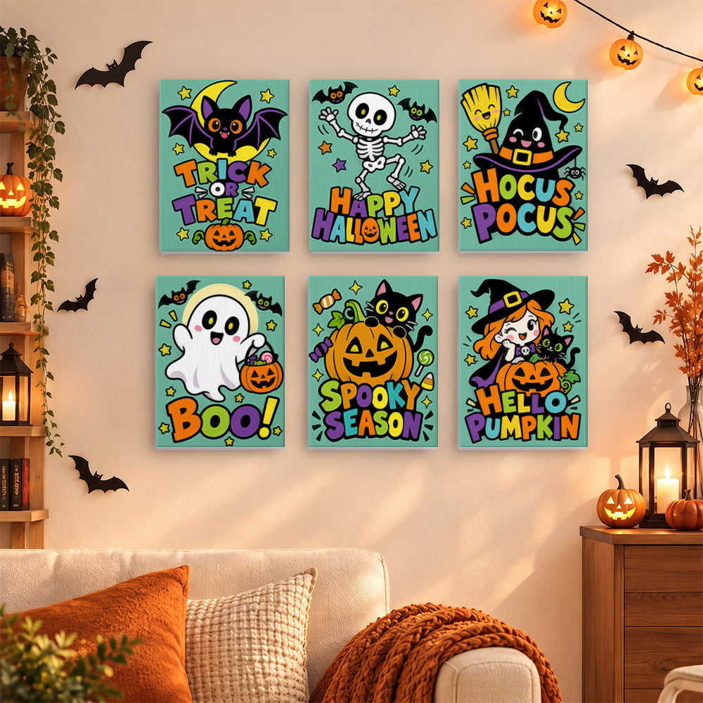Coffret 6 mini-toiles Halloween Pop accrochées dans un salon décoré pour Halloween, Maison Artsen