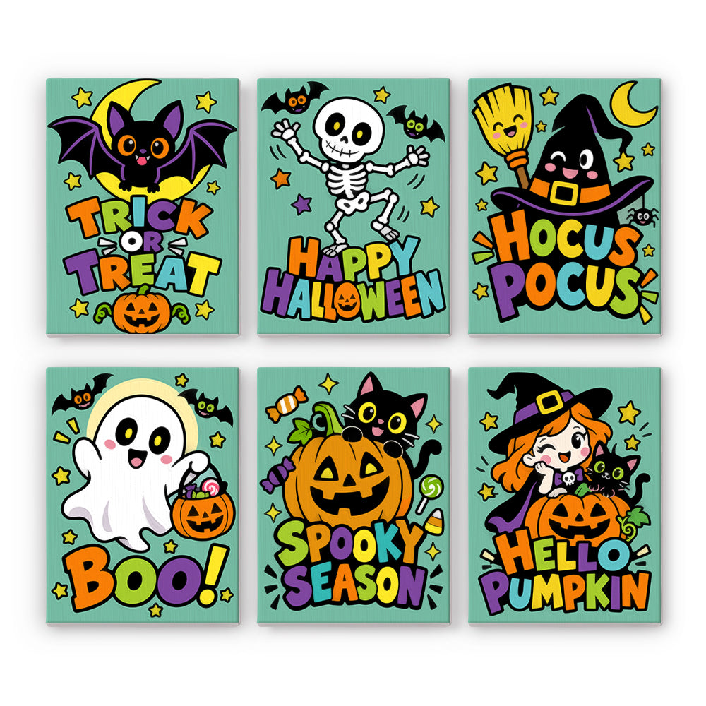 Coffret 6 peintures par numéro Halloween Pop, lettrages joyeux, squelette, fantôme et chat noir en couleurs vives, Maison Artsen