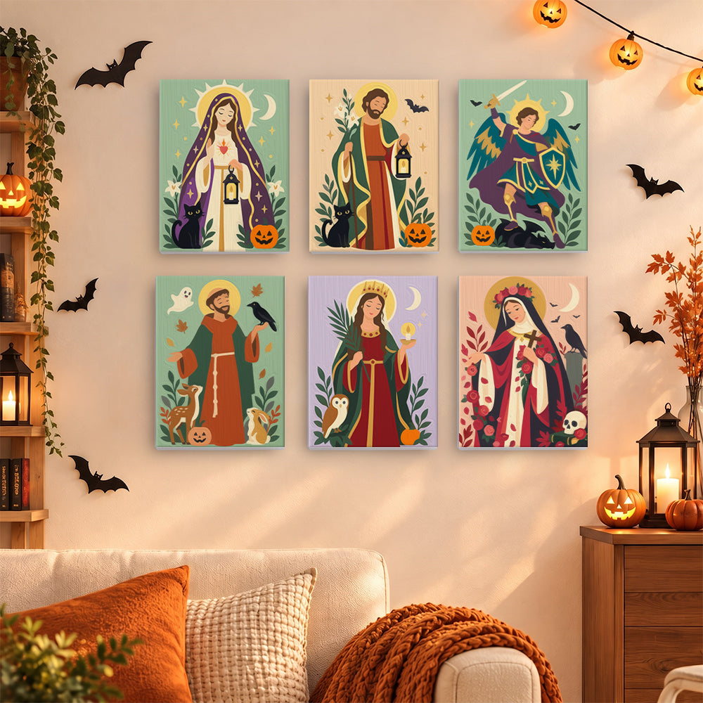 Coffret 6 mini-toiles Icônes d'Automne accrochées dans un salon décoré pour Halloween, Maison Artsen