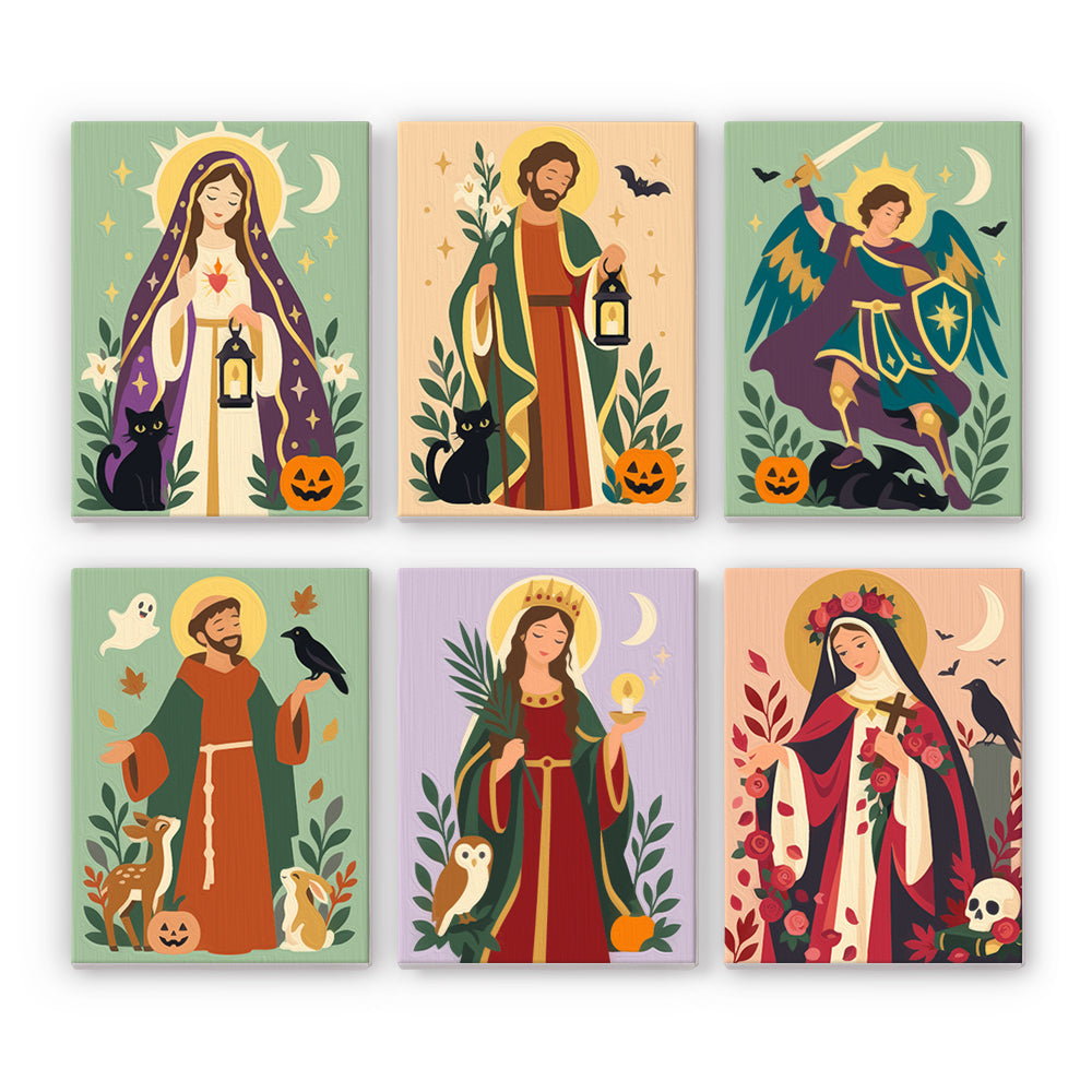 Coffret 6 peintures par numéro Icônes d'Automne, saints, citrouilles, chats noirs et corbeaux sur fonds doux, Maison Artsen