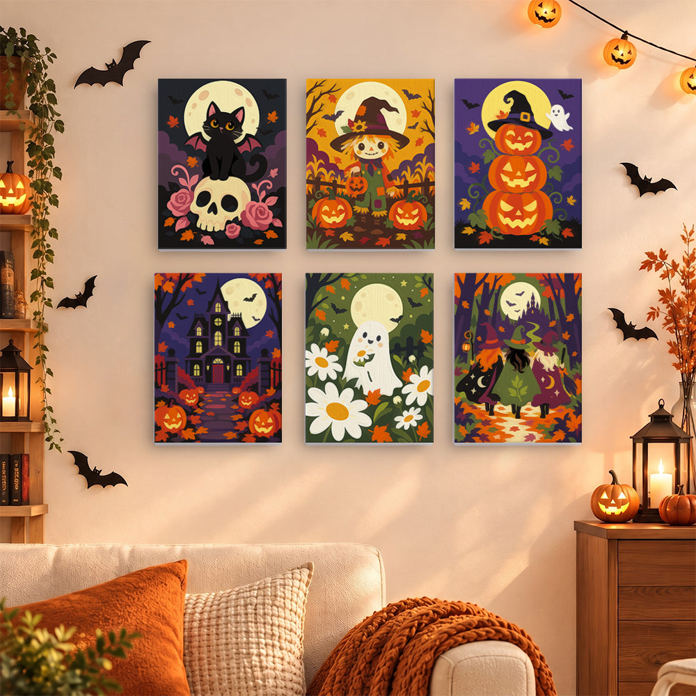 Coffret 6 mini-toiles Jardin des Épouvantes accrochées dans un salon décoré pour Halloween, Maison Artsen