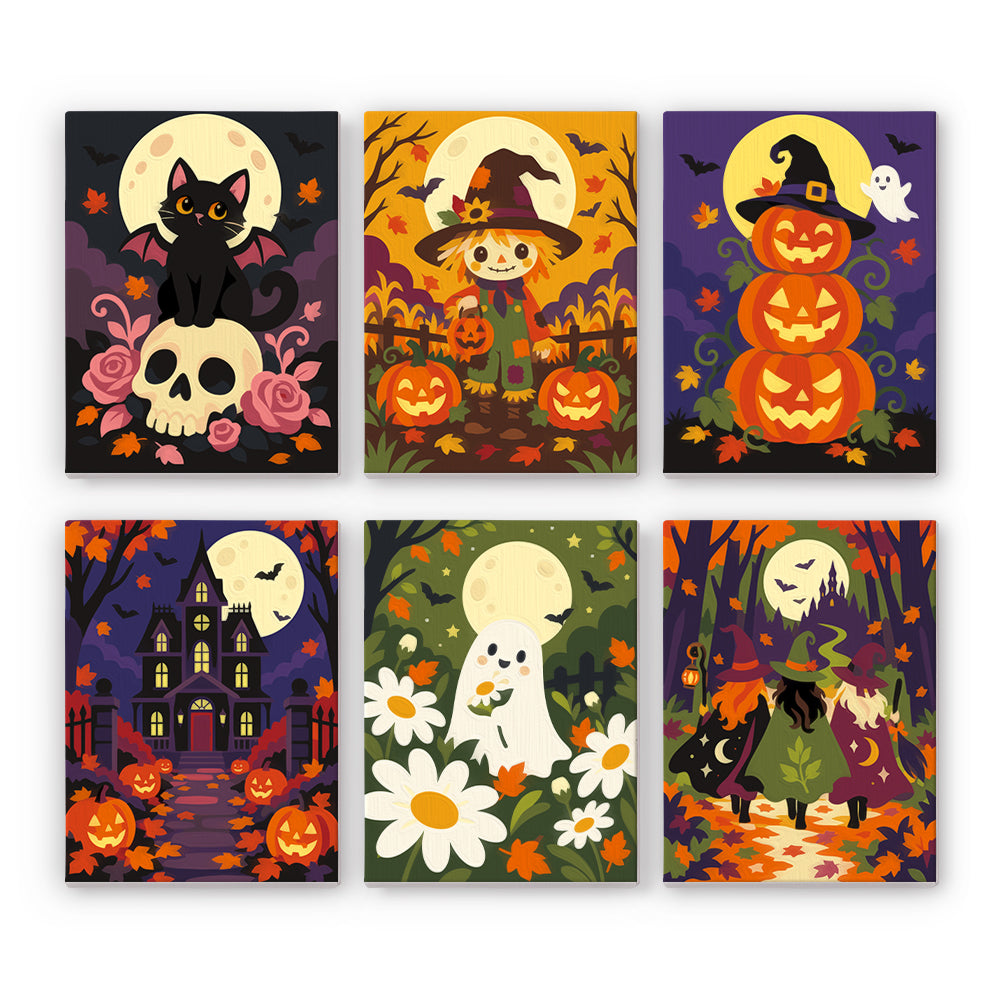 Coffret 6 peintures par numéro Jardin des Épouvantes, épouvantail, manoir hanté, fantôme aux marguerites et sorcières, Maison Artsen