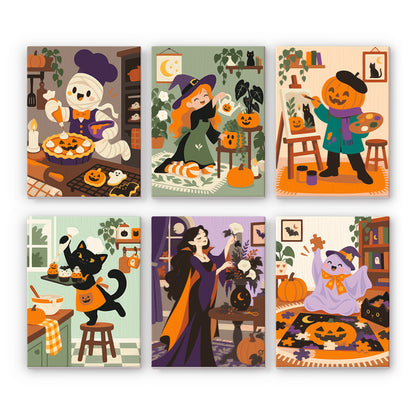 Coffret 6 peintures par numéro Journée au Cottage, momie, sorcière, chat et fantôme dans un cottage douillet, Maison Artsen
