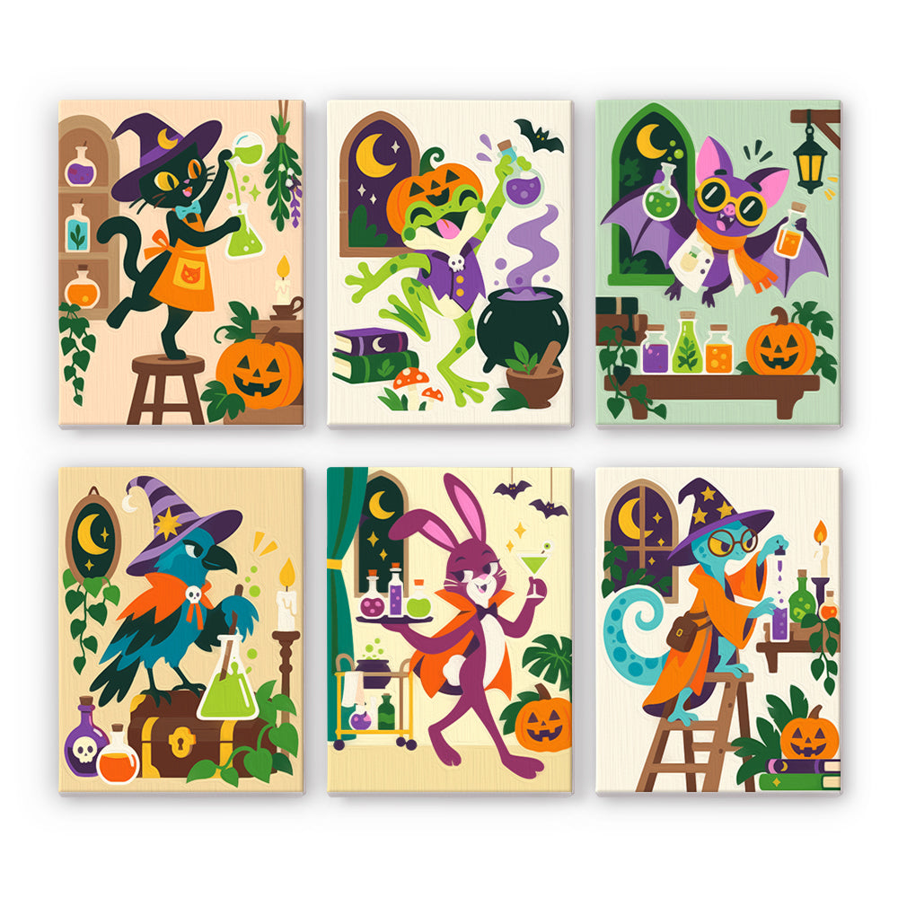 Coffret 6 peintures par numéro Laboratoire des Animaux, animaux sorciers, fioles de potion et citrouilles en violet, Maison Artsen