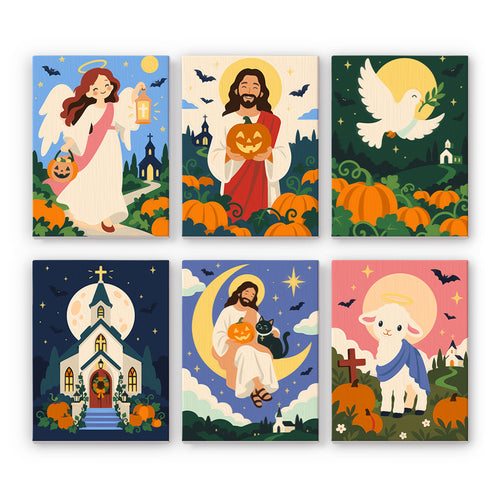 Coffret 6 peintures par numéro Lumière d'Octobre, ange, colombe, église et agneau parmi les citrouilles, Maison Artsen