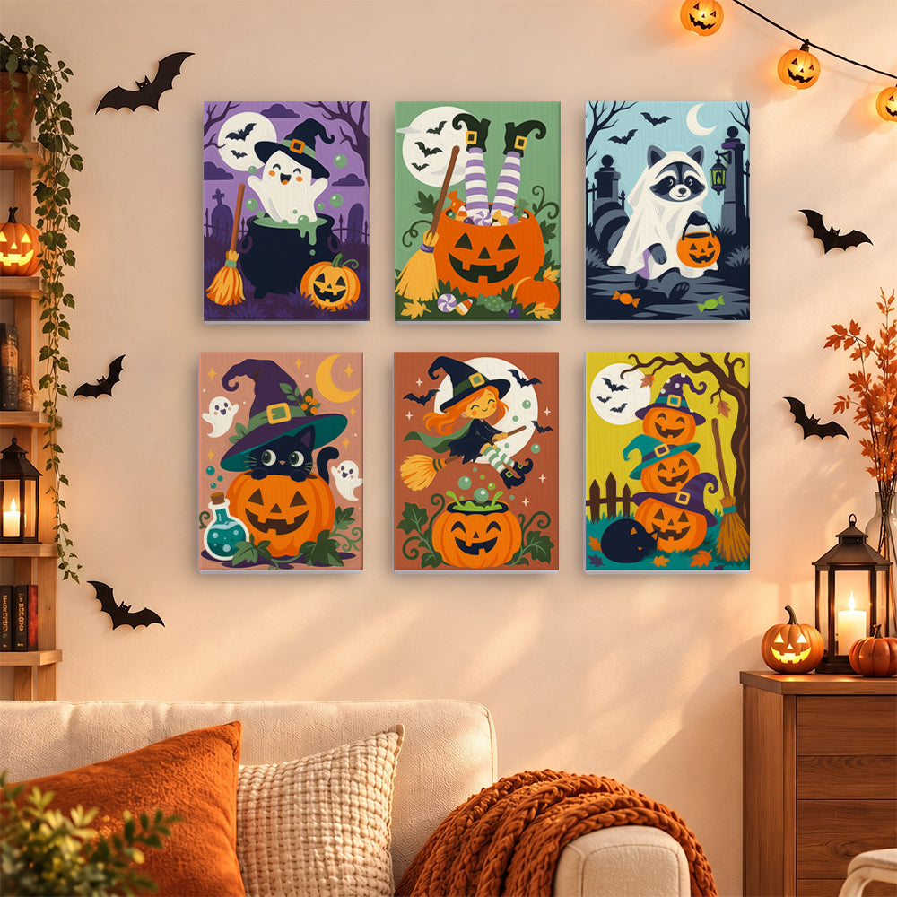Coffret 6 mini-toiles Magie Maladroite accrochées dans un salon décoré pour Halloween, Maison Artsen