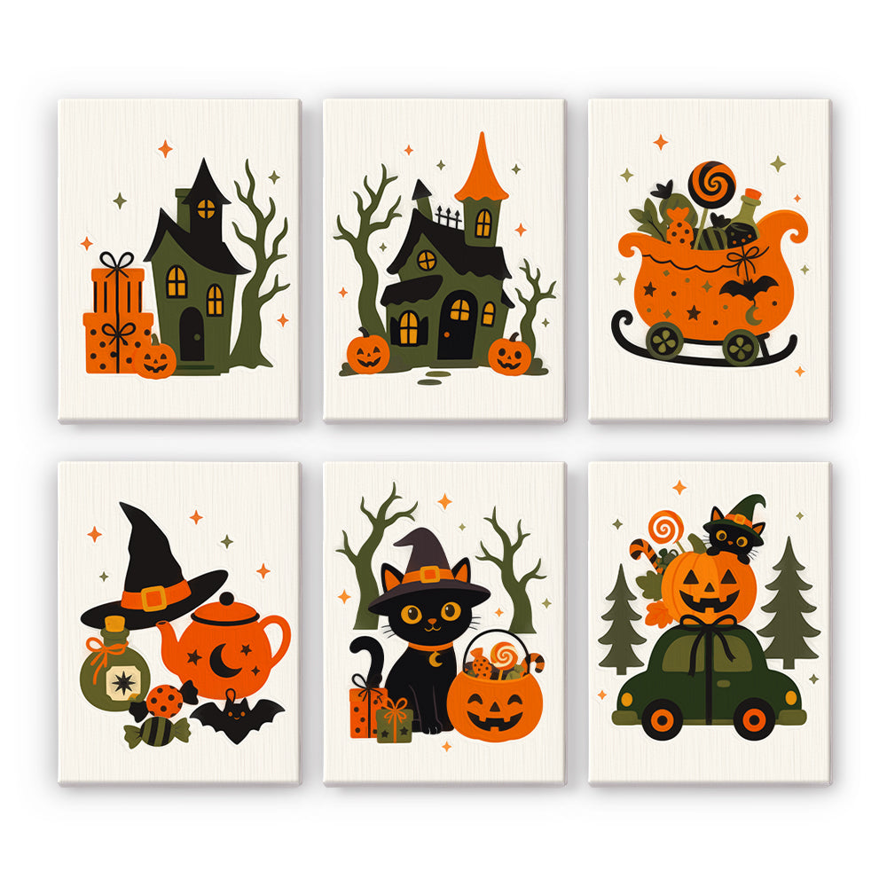 Coffret 6 peintures par numéro Maisons Hantées Crème, manoirs hantés, traîneau de bonbons, théière et chat sorcier, Maison Artsen