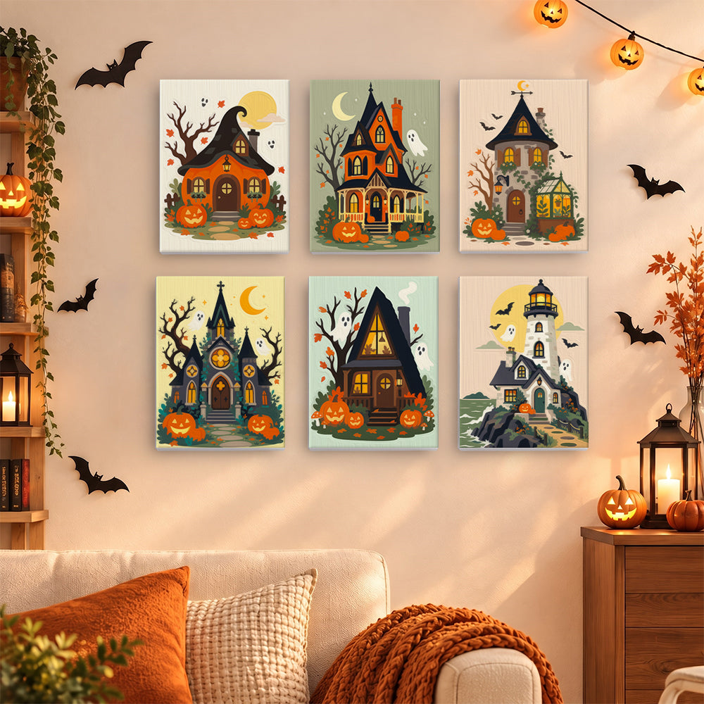 Coffret 6 mini-toiles Manoirs d'Octobre accrochées dans un salon décoré pour Halloween, Maison Artsen