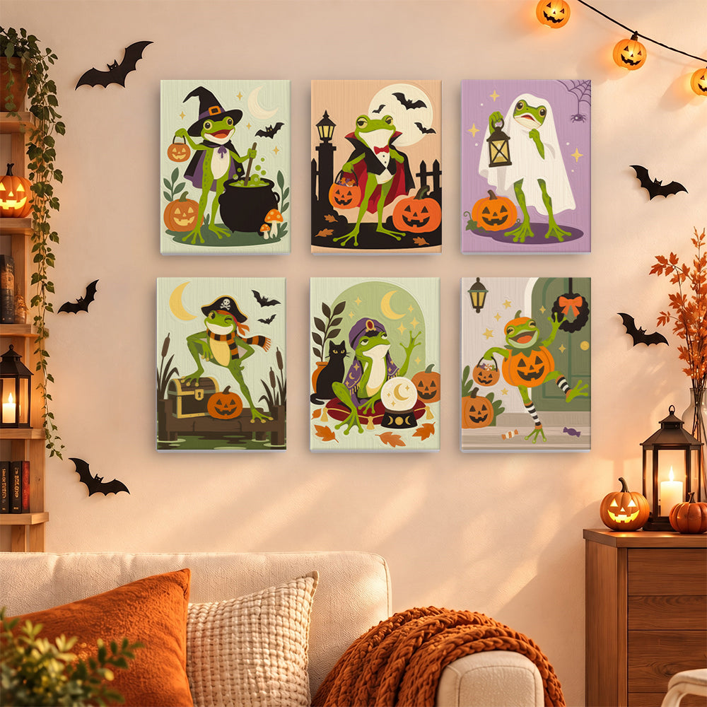 Coffret 6 mini-toiles Marais des Grenouilles accrochées dans un salon décoré pour Halloween, Maison Artsen
