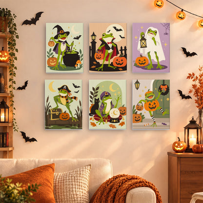 Coffret 6 mini-toiles Marais des Grenouilles accrochées dans un salon décoré pour Halloween, Maison Artsen