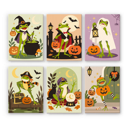 Coffret 6 peintures par numéro Marais des Grenouilles, grenouilles déguisées en sorcière, vampire, fantôme et pirate, Maison Artsen