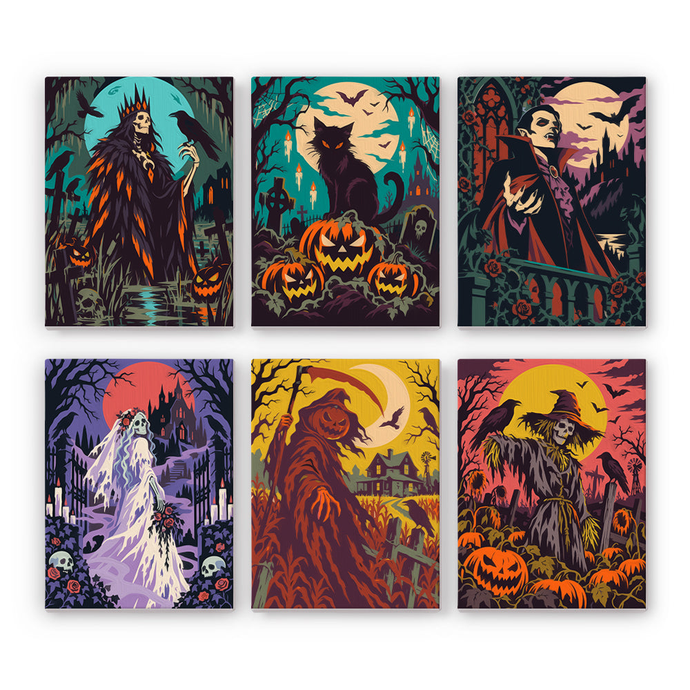 Coffret 6 peintures par numéro Marais Maudit, reine squelette, chat noir, vampire, mariée et épouvantail, Maison Artsen