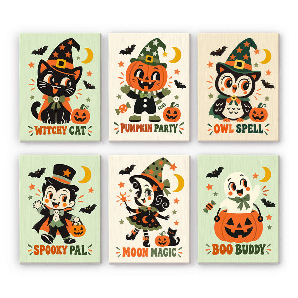 Coffret 6 peintures par numéro Mascottes Rétro, mascottes rétro à chapeau pointu et titre vintage, Maison Artsen
