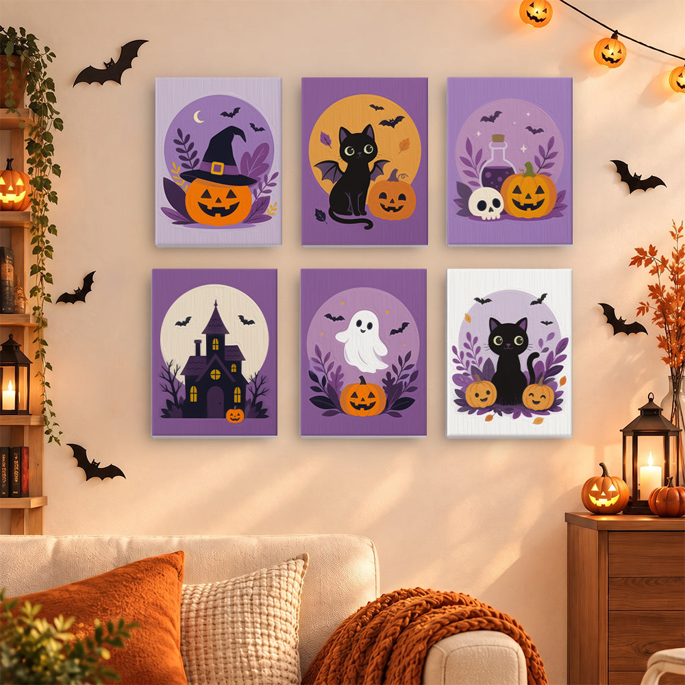 Coffret 6 mini-toiles Médaillons Lavande accrochées dans un salon décoré pour Halloween, Maison Artsen