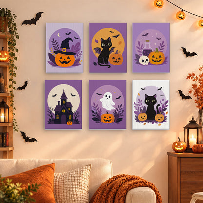 Coffret 6 mini-toiles Médaillons Lavande accrochées dans un salon décoré pour Halloween, Maison Artsen