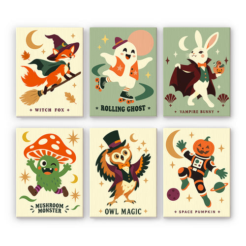 Coffret 6 peintures par numéro Ménagerie d'Halloween, renard sorcier, fantôme, lapin vampire et hibou magicien, Maison Artsen
