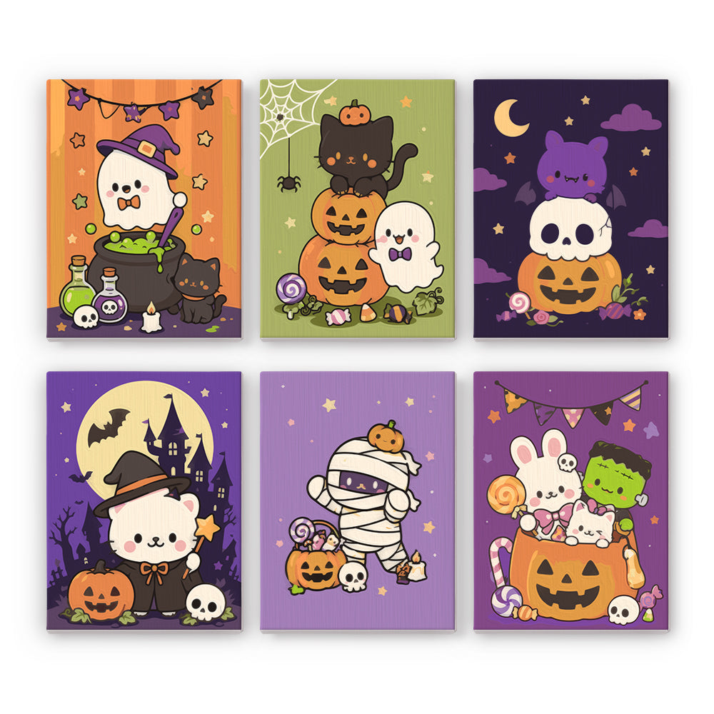 Coffret 6 peintures par numéro Mignons Frissons, fantômes, chats, momie et citrouilles très mignons, Maison Artsen