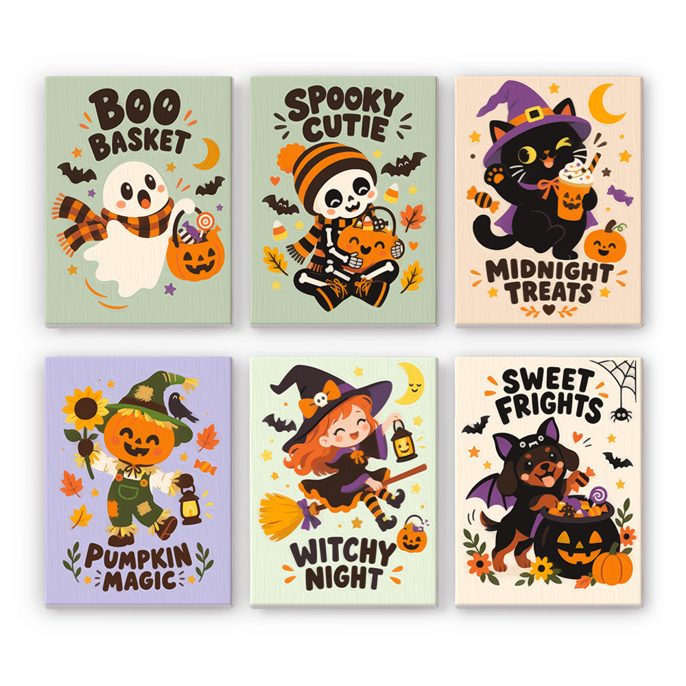 Coffret 6 peintures par numéro Mignons Spooky, fantôme, squelette, chat noir et sorcière tout mignons, Maison Artsen
