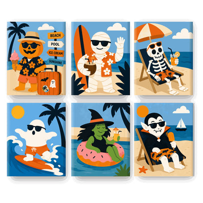 Coffret 6 peintures par numéro Monstres en Vacances – momie, sorcière et vampire en vacances au soleil – Maison Artsen