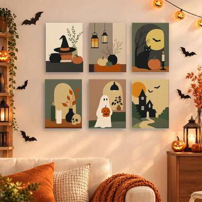 Coffret 6 mini-toiles Nature Morte d'Octobre accrochées dans un salon décoré pour Halloween, Maison Artsen