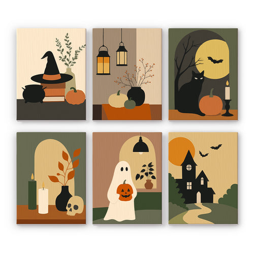 Coffret 6 peintures par numéro Nature Morte d'Octobre, chapeau de sorcière, bougies, citrouilles et chat noir, Maison Artsen
