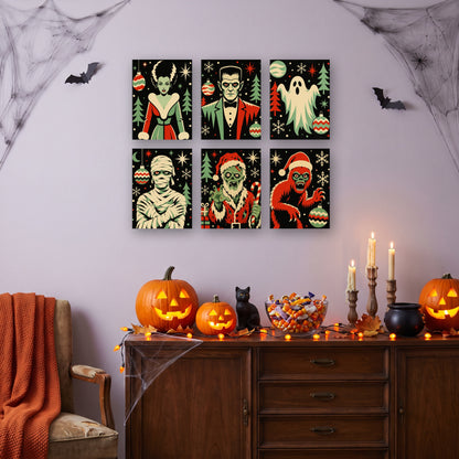 Coffret 6 mini-toiles Noël des Monstres accrochées dans un salon décoré pour Halloween — Maison Artsen