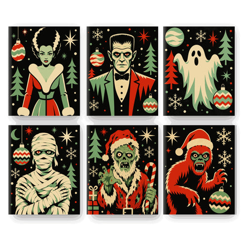 Coffret 6 peintures par numéro Noël des Monstres – monstres rétro en tenue de fête parmi sapins et boules – Maison Artsen
