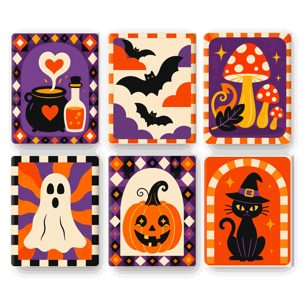 Coffret 6 peintures par numéro Nuit Rétro Groovy – vignettes rétro à damiers, fantôme, chaudron et chat – Maison Artsen