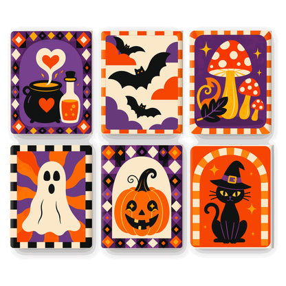 Coffret 6 peintures par numéro Nuit Rétro Groovy – vignettes rétro à damiers, fantôme, chaudron et chat – Maison Artsen
