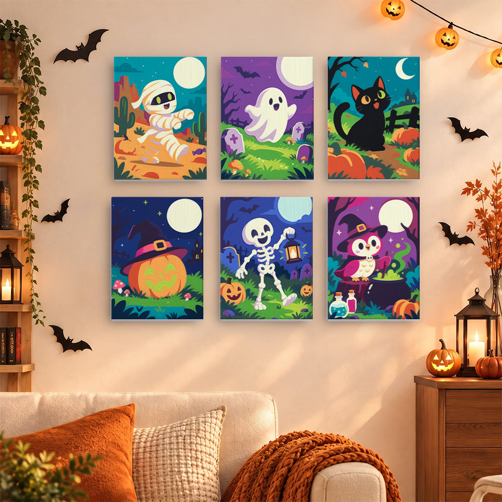 Coffret 6 mini-toiles Nuits Éclatantes accrochées dans un salon décoré pour Halloween, Maison Artsen