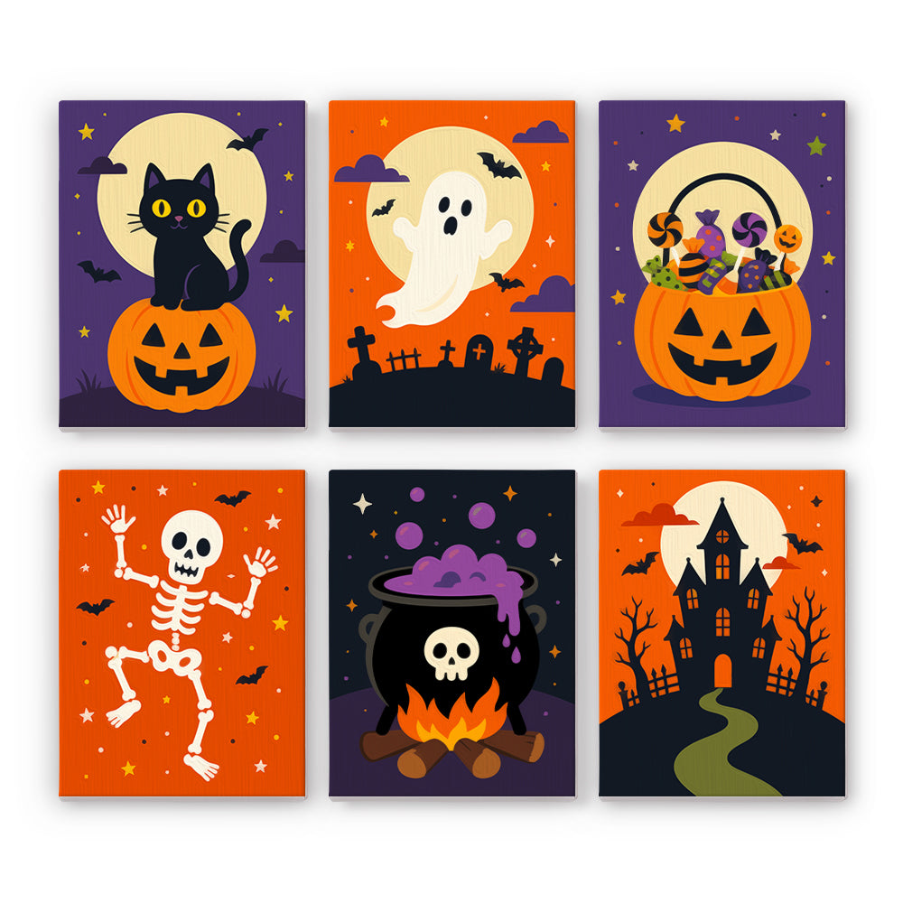 Coffret 6 peintures par numéro Orange de Pleine Lune, chat noir, fantôme, squelette et manoir devant la lune, Maison Artsen