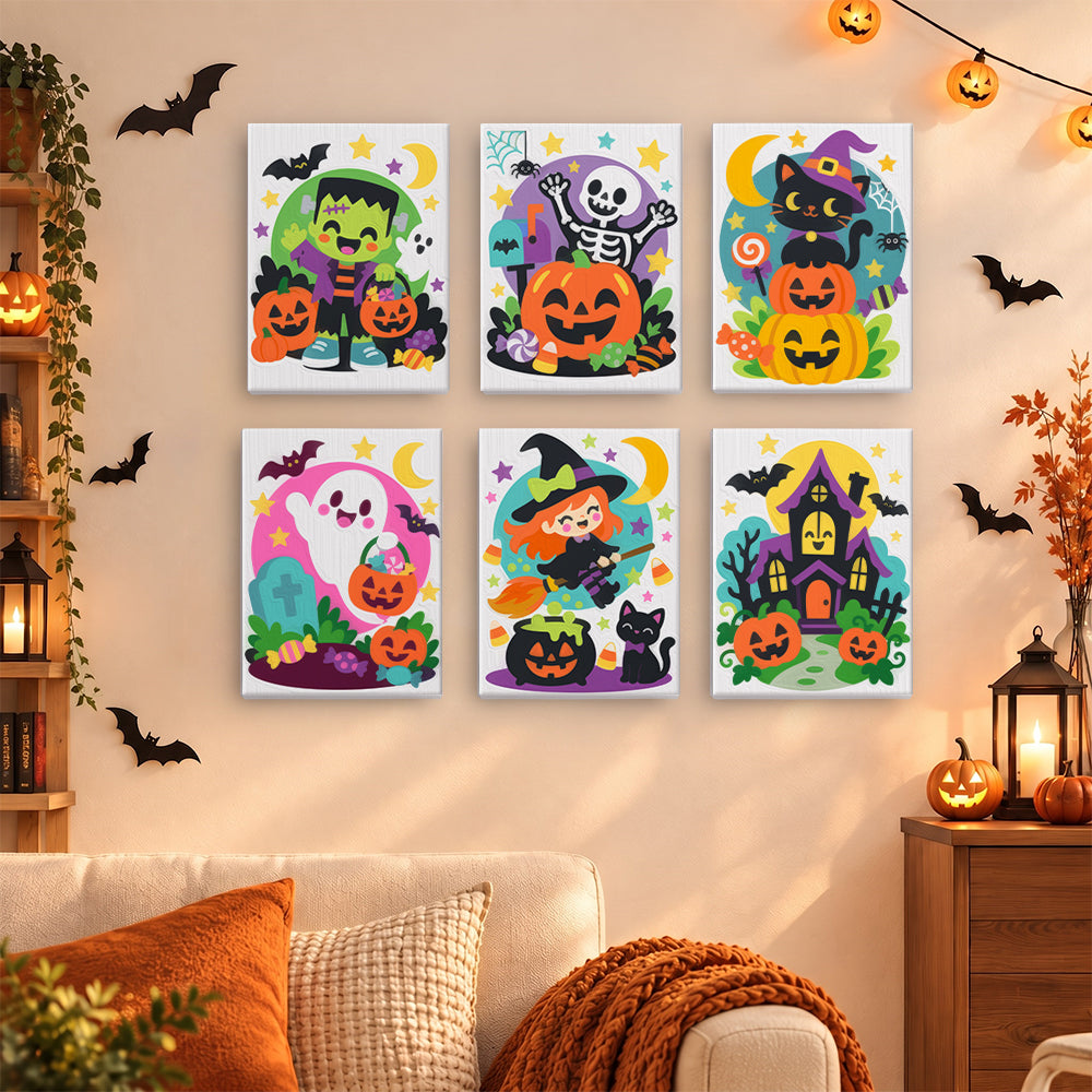 Coffret 6 mini-toiles Parade des Citrouilles accrochées dans un salon décoré pour Halloween, Maison Artsen
