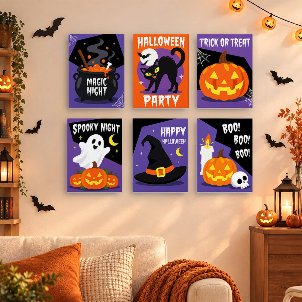 Coffret 6 mini-toiles Party Noir et Violet accrochées dans un salon décoré pour Halloween, Maison Artsen