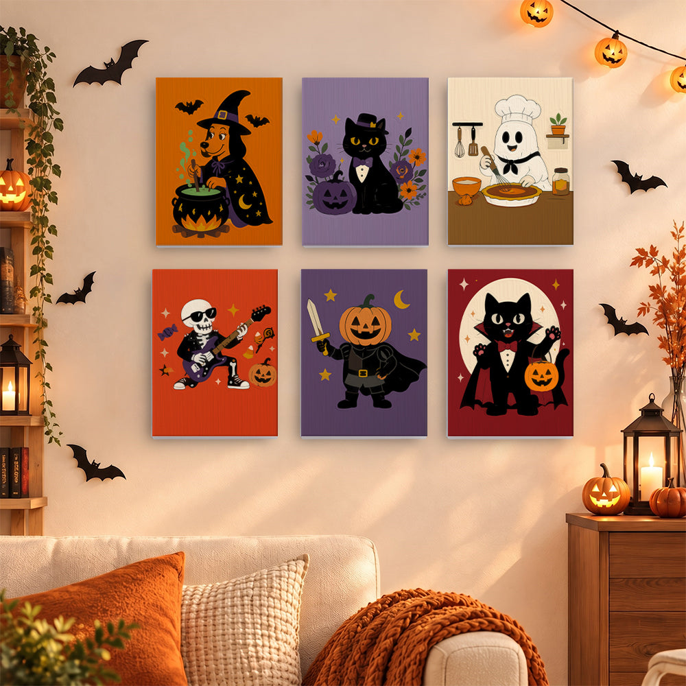 Coffret 6 mini-toiles Personnages de la Nuit accrochées dans un salon décoré pour Halloween, Maison Artsen