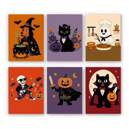 Coffret 6 peintures par numéro Personnages de la Nuit, chien sorcier, fantôme pâtissier, squelette guitariste et chat vampire, Maison Artsen