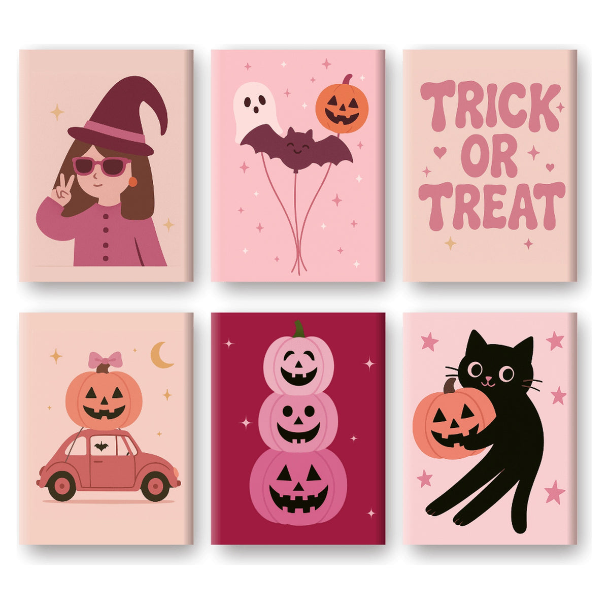 Coffret 6 peintures par numéro Petite Sorcière Rose – petite sorcière, ballons et citrouilles en rose – Maison Artsen