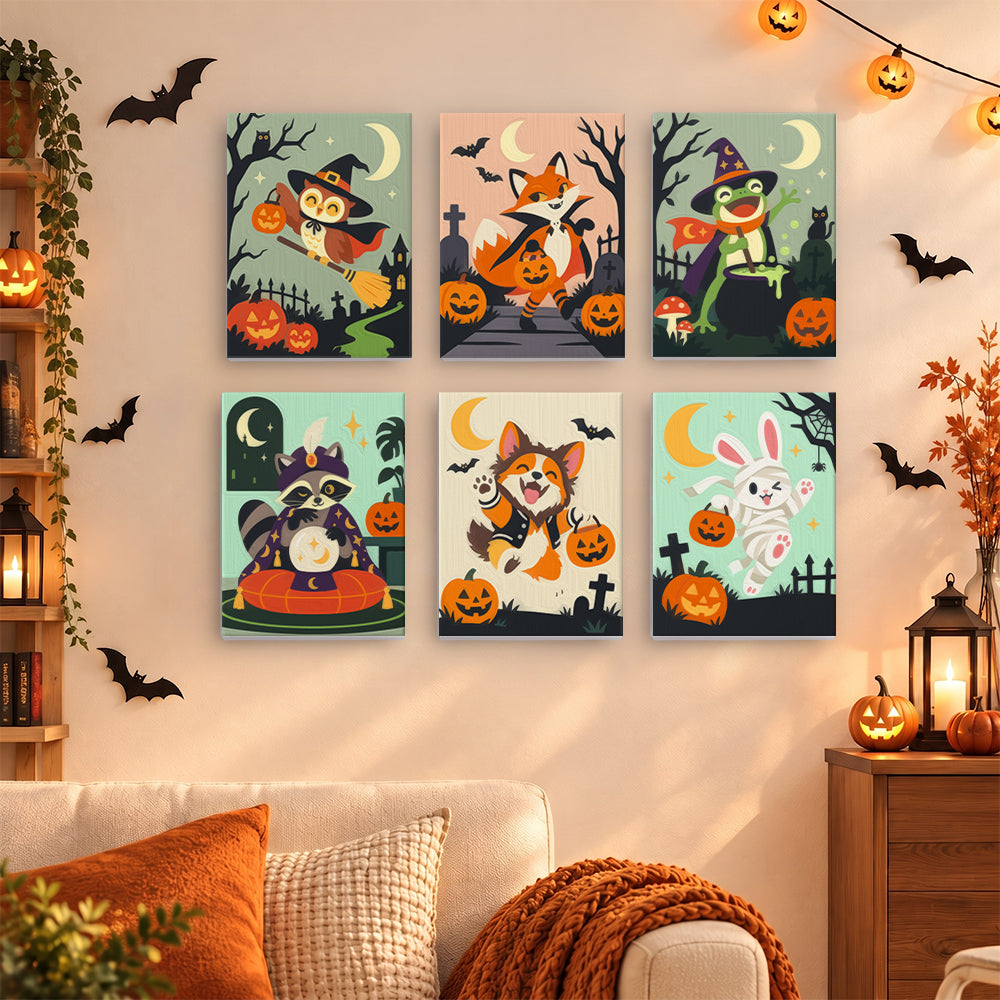 Coffret 6 mini-toiles Petite Troupe d'Octobre accrochées dans un salon décoré pour Halloween, Maison Artsen