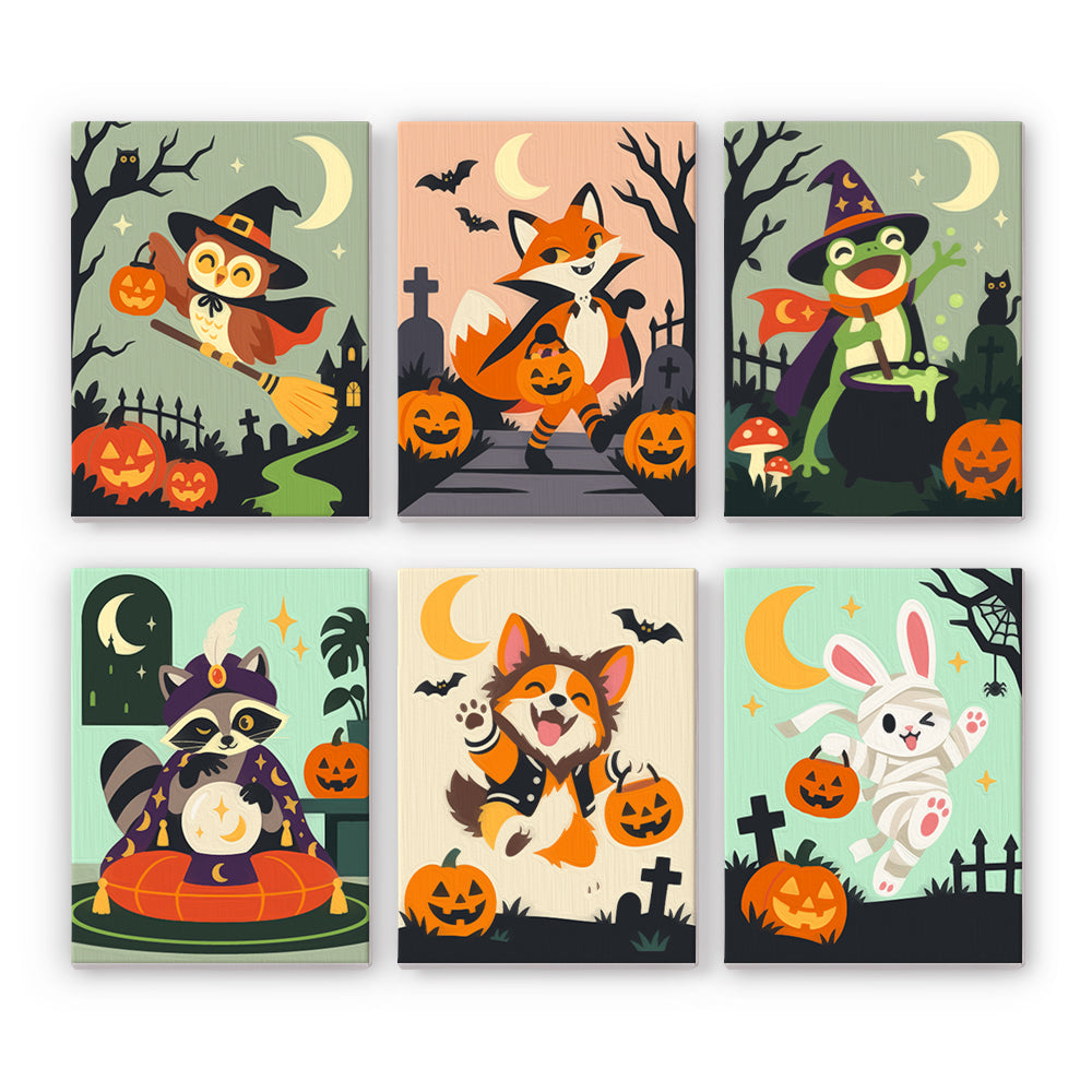 Coffret 6 peintures par numéro Petite Troupe d'Octobre, animaux déguisés en hibou sorcier, renard vampire et lapin momie, Maison Artsen