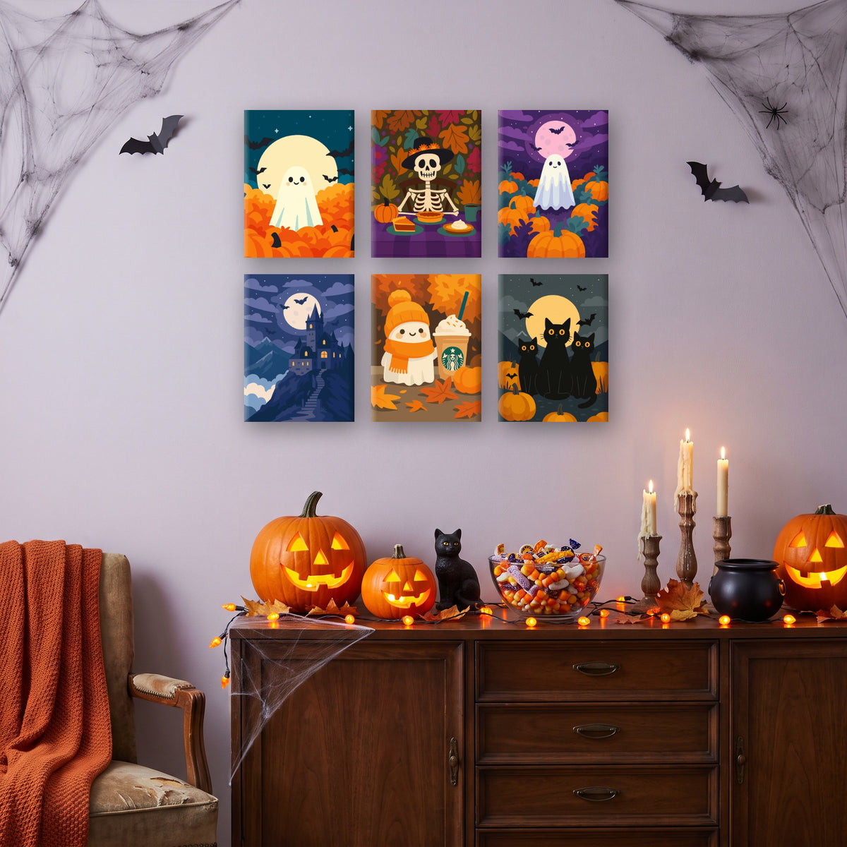 Coffret 6 mini-toiles Petits Amis d'Automne accrochées dans un salon décoré pour Halloween — Maison Artsen