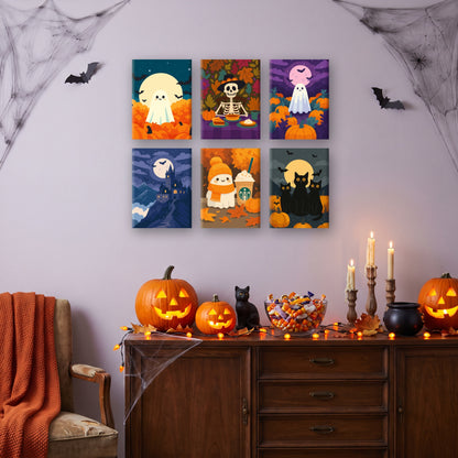 Coffret 6 mini-toiles Petits Amis d'Automne accrochées dans un salon décoré pour Halloween — Maison Artsen