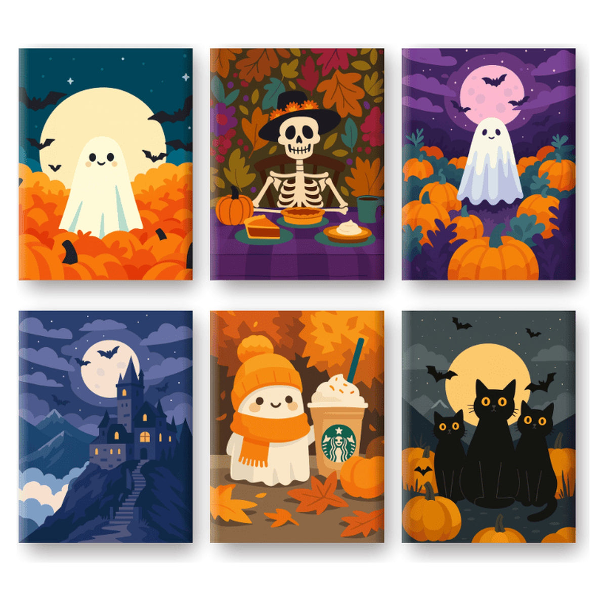 Coffret 6 peintures par numéro Petits Amis d'Automne – six mini-scènes de fantômes, squelette et chats noirs – Maison Artsen