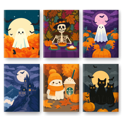 Coffret 6 peintures par numéro Petits Amis d'Automne – six mini-scènes de fantômes, squelette et chats noirs – Maison Artsen