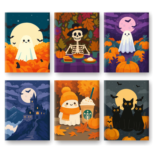 Coffret 6 peintures par numéro Petits Amis d'Automne – six mini-scènes de fantômes, squelette et chats noirs – Maison Artsen