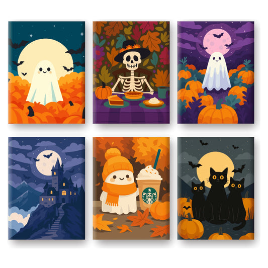 Coffret 6 peintures par numéro Petits Amis d'Automne – six mini-scènes de fantômes, squelette et chats noirs – Maison Artsen