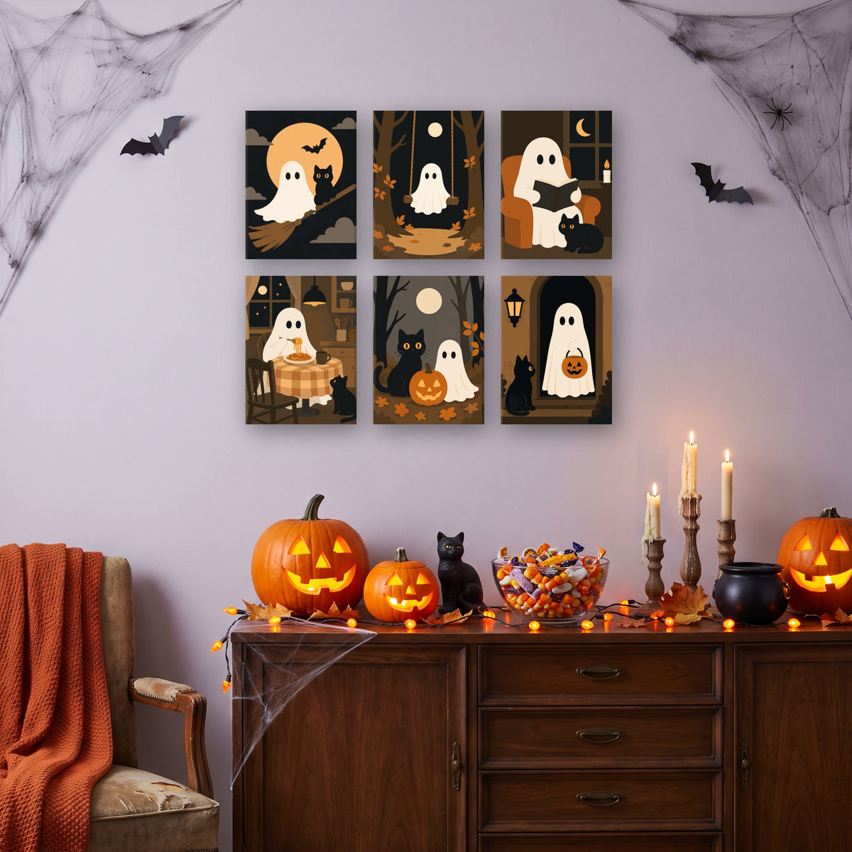 Coffret 6 mini-toiles Petits Contes de Fantômes accrochées dans un salon décoré pour Halloween — Maison Artsen