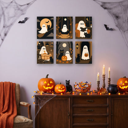Coffret 6 mini-toiles Petits Contes de Fantômes accrochées dans un salon décoré pour Halloween — Maison Artsen